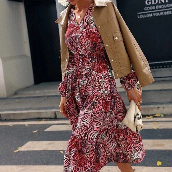 Animal Print Striped Layered Hem Belted Dress - Picture 3 of 7